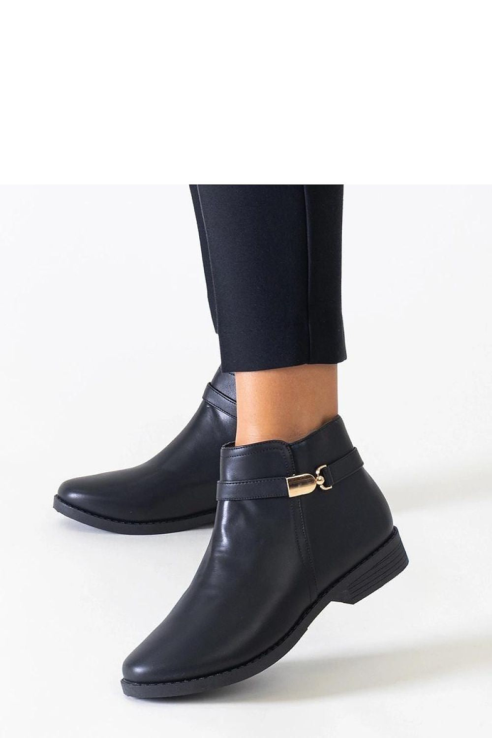 Solea's Elegant Black Eco-Leather Ankle Boots With Gold Inserts, featuring a high heel and almond toe for a luxurious winter look.