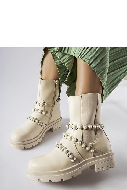 Elegant Beige Ankle Boots With Pearl Embellishments by Solea, EU Sizes 36-41, luxurious faux leather footwear with zipper closure.