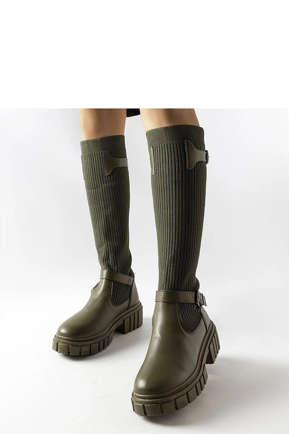 Elegant Solea Green Thigh-High Boots with 5cm Heel, showcasing a luxurious rubber design, perfect for stylish winter wear.