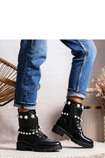 Luxury Black Lace-Up Women's Ankle Boots with Pearl Straps by Carvala, showcasing an elegant design perfect for autumn and winter styling.