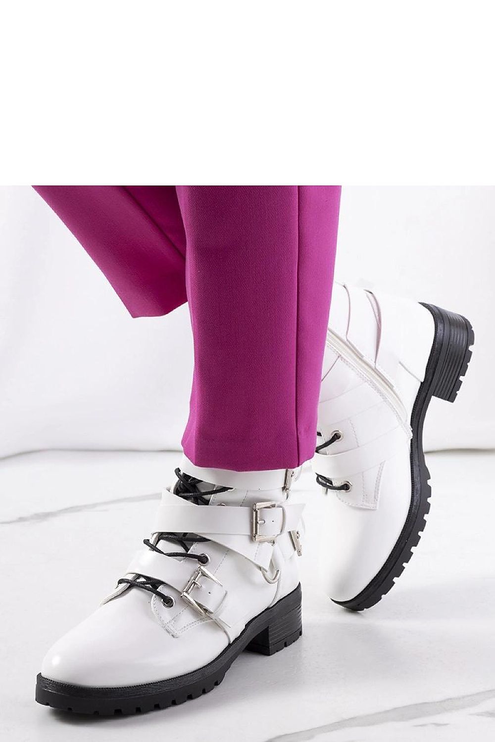 Elegant White Ankle Boots for Women by Solea - Donsa Model, crafted from eco-leather, featuring stylish buckles and zipper closure, perfect for Fall/Winter.