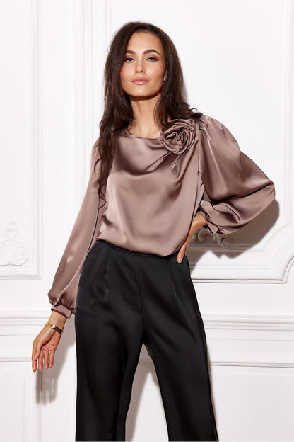 Elegant Evelyn Satin Blouse with Rose Detail by Roco Fashion, showcasing its luxurious round neckline and unique rose embellishment.