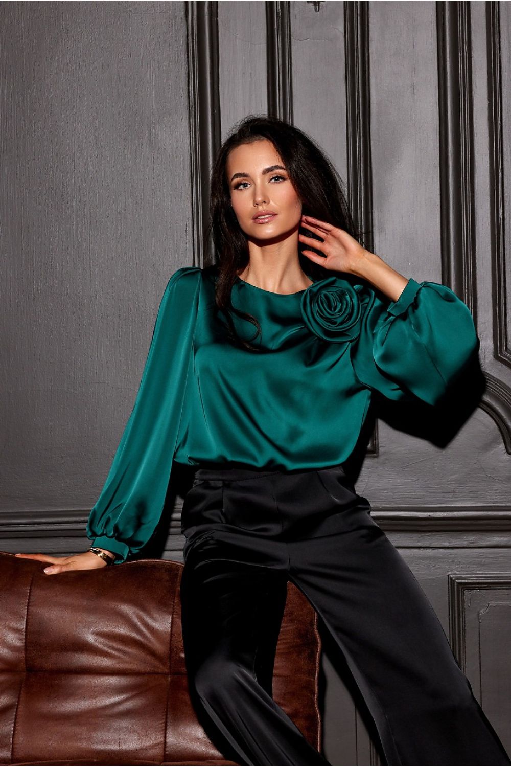 Evelyn Satin Blouse with Rose Detail by Roco Fashion, showcasing its elegant loose fit and luxurious satin material.