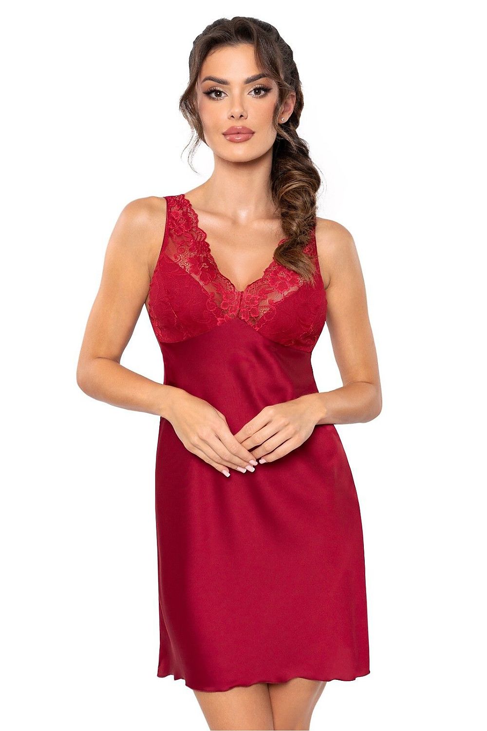 Luxury Silk Satin Nightshirt With Lace Detail by Donna, featuring adjustable straps and elegant mid-thigh length.