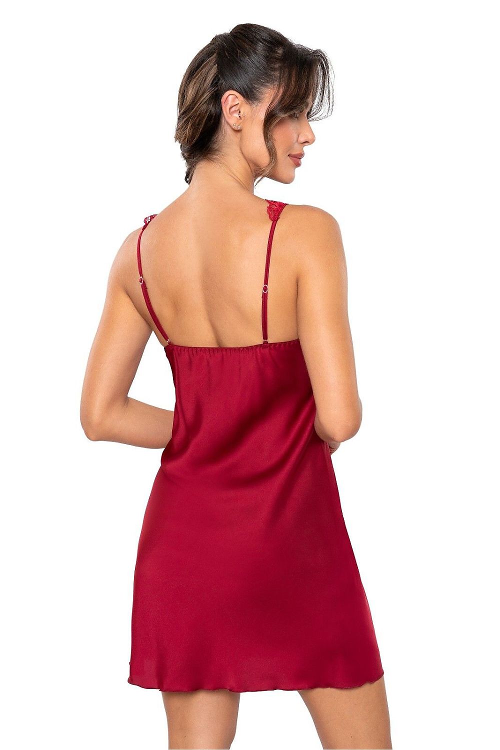 Close-up of Luxury Silk Satin Nightshirt With Lace Detail by Donna, showcasing delicate lace neckline and refined silk satin fabric.