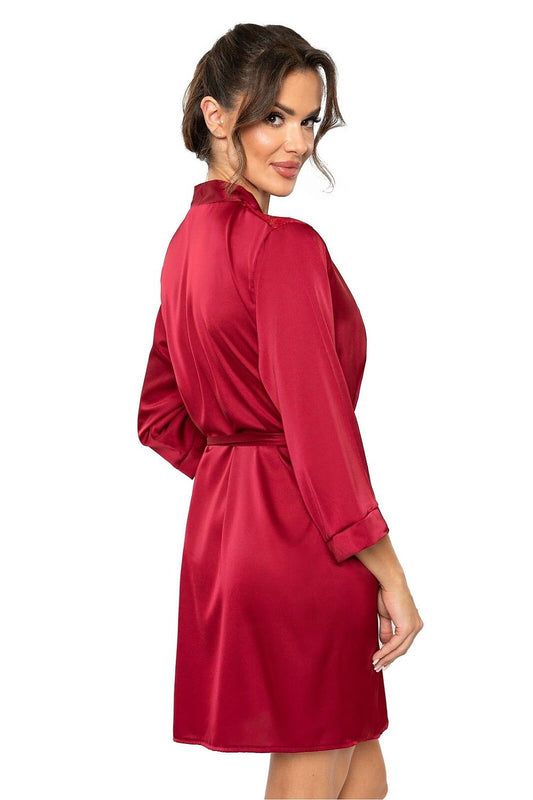 Exquisite silk satin women's bathrobe featuring a delicate lace neckline, crafted by Donna, sizes S to XXL.