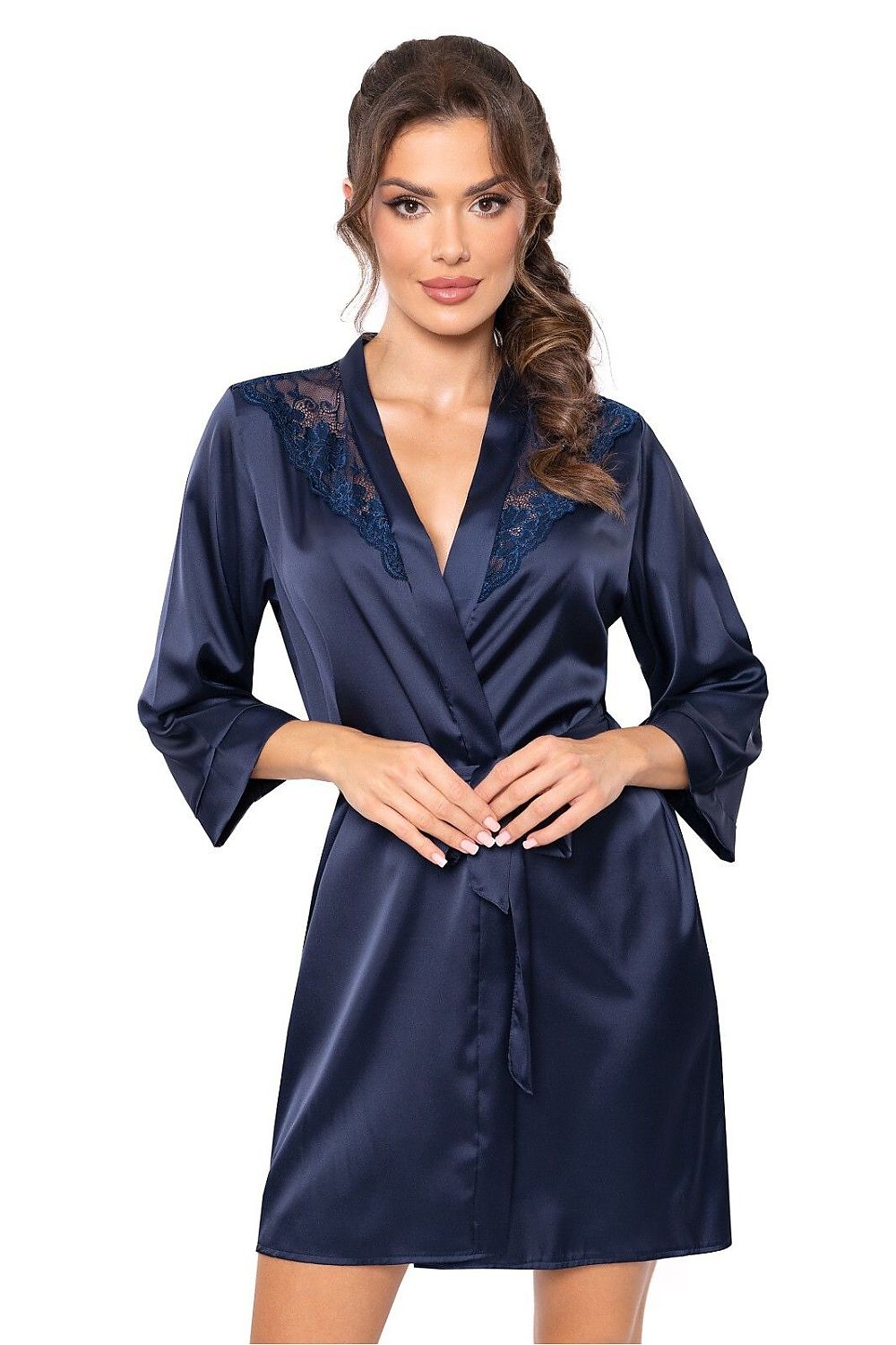 Chic women's bathrobe in luxury silk satin with a beautiful lace neckline, designed by Donna in sizes S-XXL.