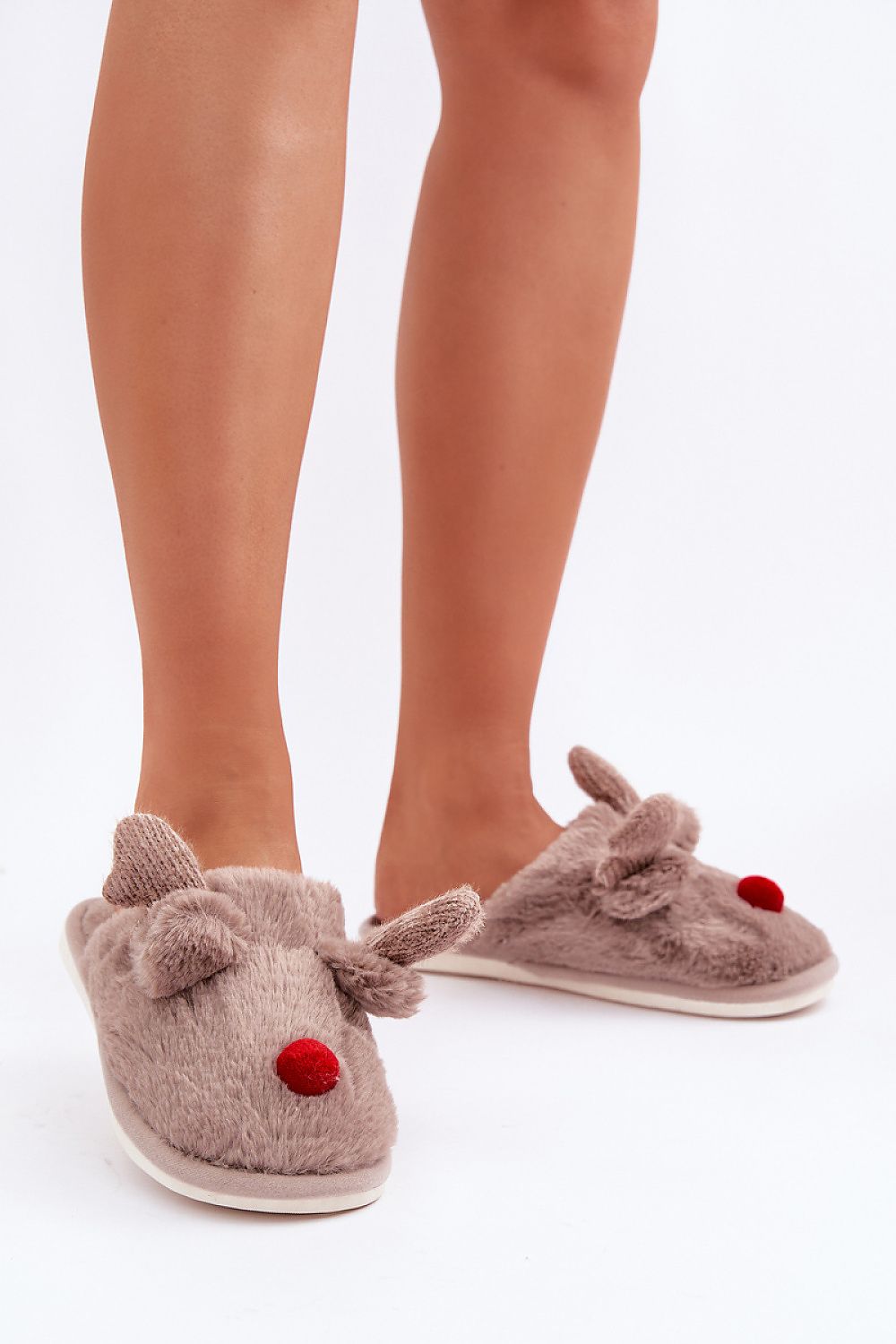 Step in style Luxurious Fur Lined Reindeer Motif Slippers in soft fabric, emphasizing warm comfort and a charming festive pattern.
