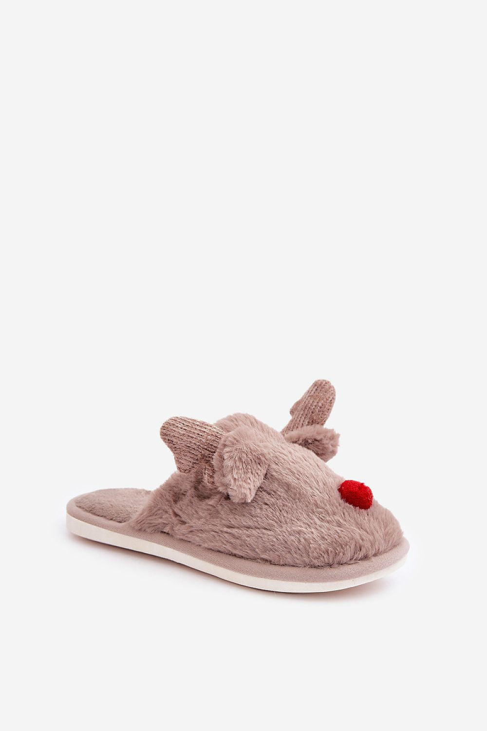 Close-up view of Step in style's Luxurious Fur Lined Reindeer Motif Slippers, highlighting the plush lining and intricate reindeer motif.