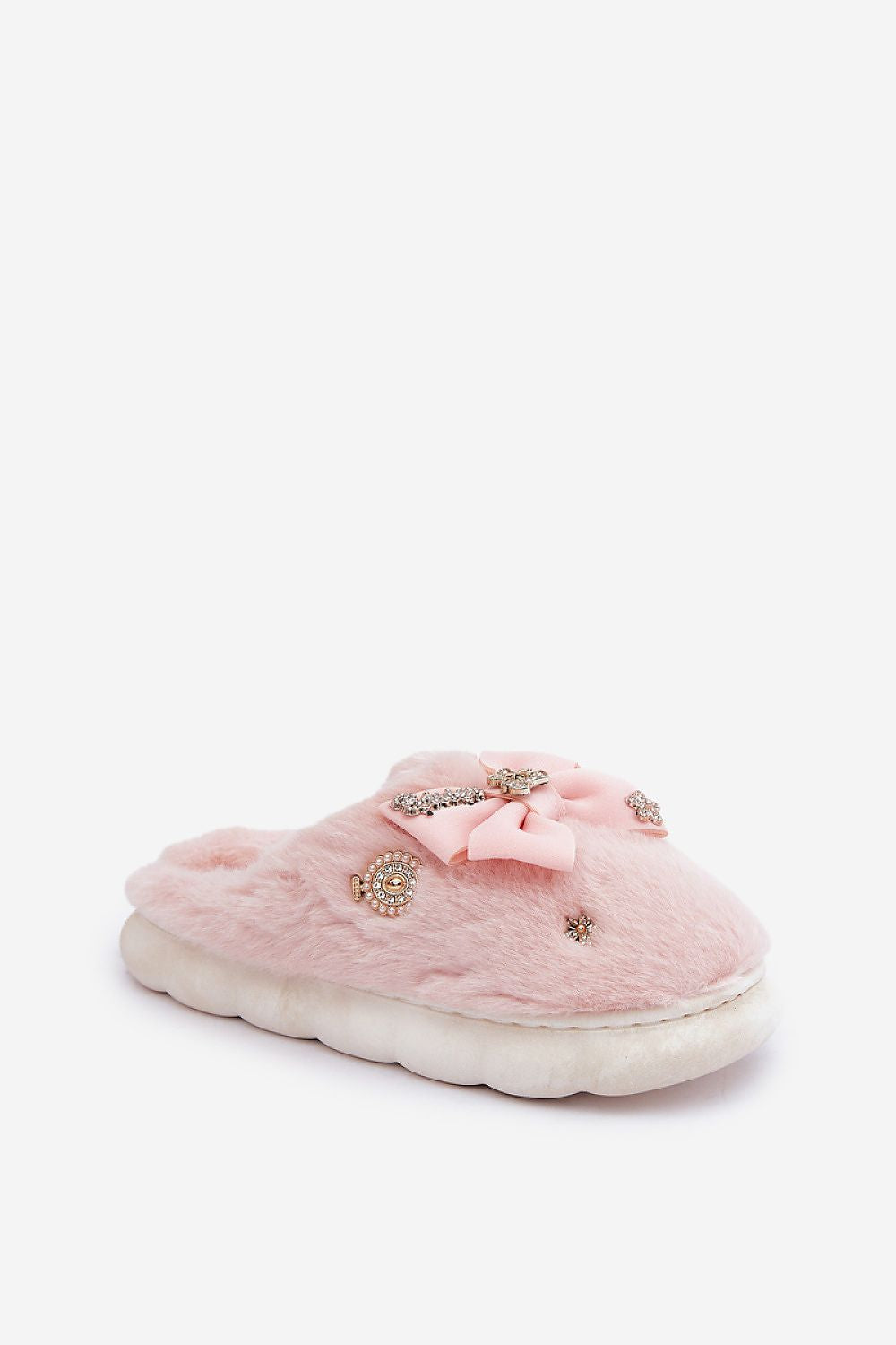 Elegant Luxurious Furry Slippers by Step in Style, featuring plush fur texture and chic button and bow details for a warm and stylish experience.