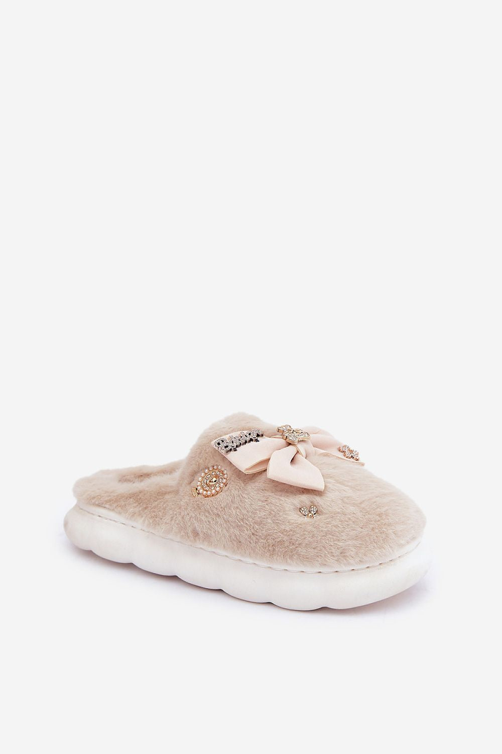 Step in Style Luxurious Furry Slippers, providing plush comfort with a sophisticated bow and buttons, perfect for warm and stylish indoor wear.