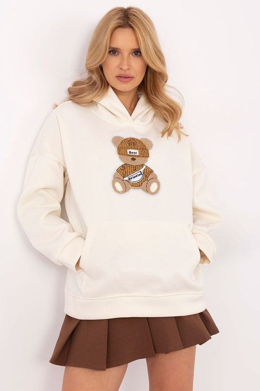 Luxurious Women's Stylish Sweatshirt with Hood and Kangaroo Pocket by Italy Moda, featuring a charming teddy bear patch.