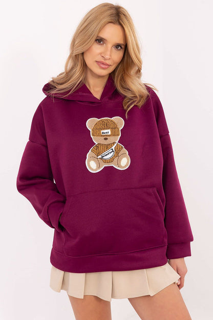 Stylish Women's Sweatshirt with Hood and Kangaroo Pocket from Italy Moda, showcasing a unique teddy bear patch for a fashionable touch.