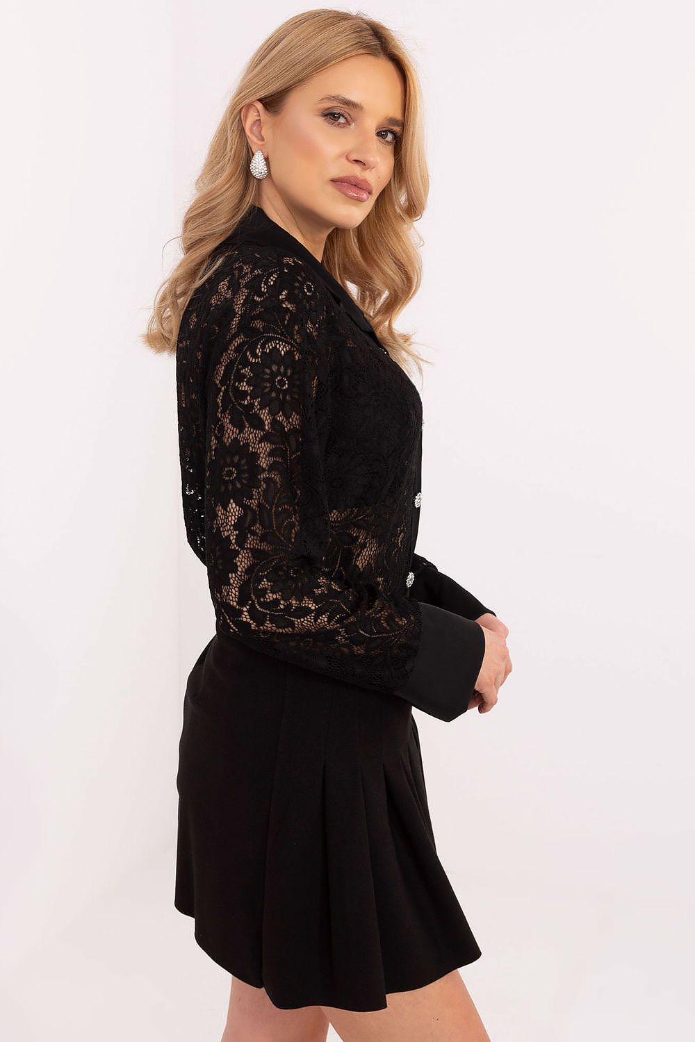 Elegant Women's Long Sleeve Lace Shirt by Italy Moda - Luxurious lace fabric design enhancing feminine style.