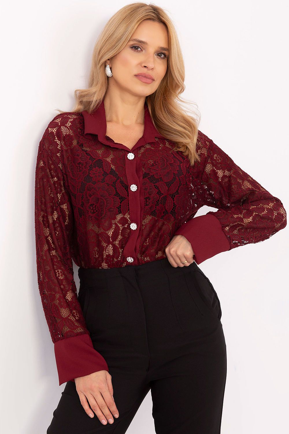 Italy Moda Elegant Women's Long Sleeve Lace Shirt - Tailored for comfort with an exquisite lace pattern.