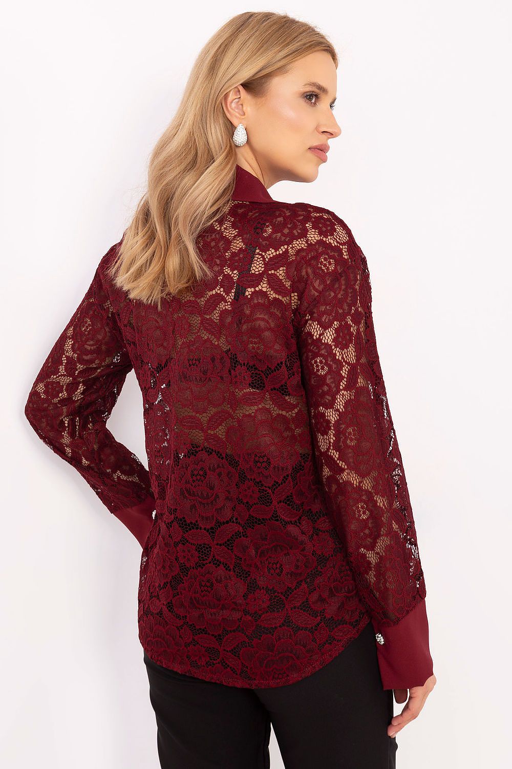 Italy Moda Elegant Women's Long Sleeve Lace Shirt showcasing a timeless, modern elegance for versatile styling.