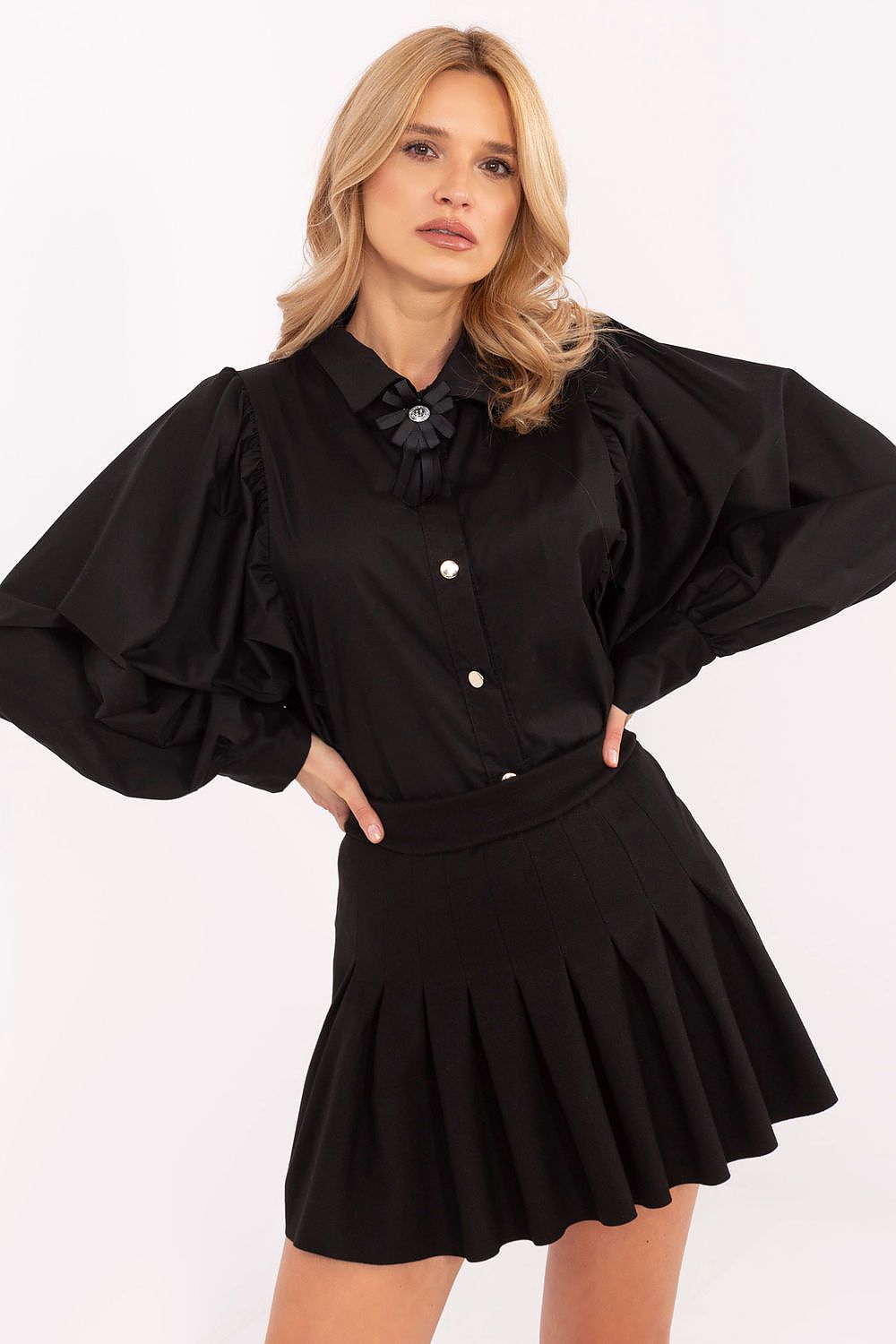 Elegantly Designed Long Sleeve Women's Shirt by Italy Moda, showcasing its sophisticated design and detachable brooch.