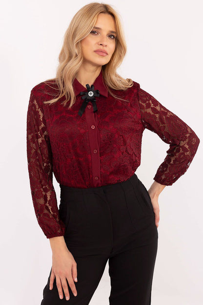 Elegant Long Sleeve Lace Shirt with Detachable Brooch by Italy Moda, showcasing intricate lace details and a classic collar design.