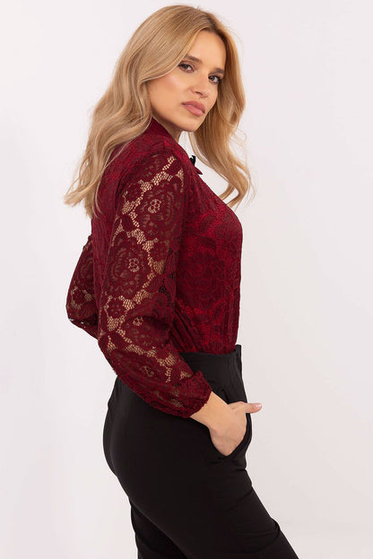 Close-up view of the Elegant Long Sleeve Lace Shirt with Detachable Brooch by Italy Moda, highlighting the luxurious fabric blend and refined lace texture.