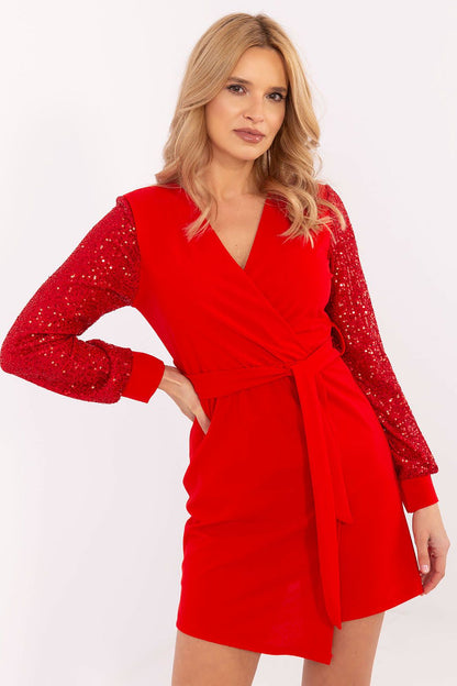 Elegantly designed Short dress by Italy Moda, featuring a pencil mini silhouette with sequined long sleeves and a flattering wrap neckline, perfect for formal occasions.