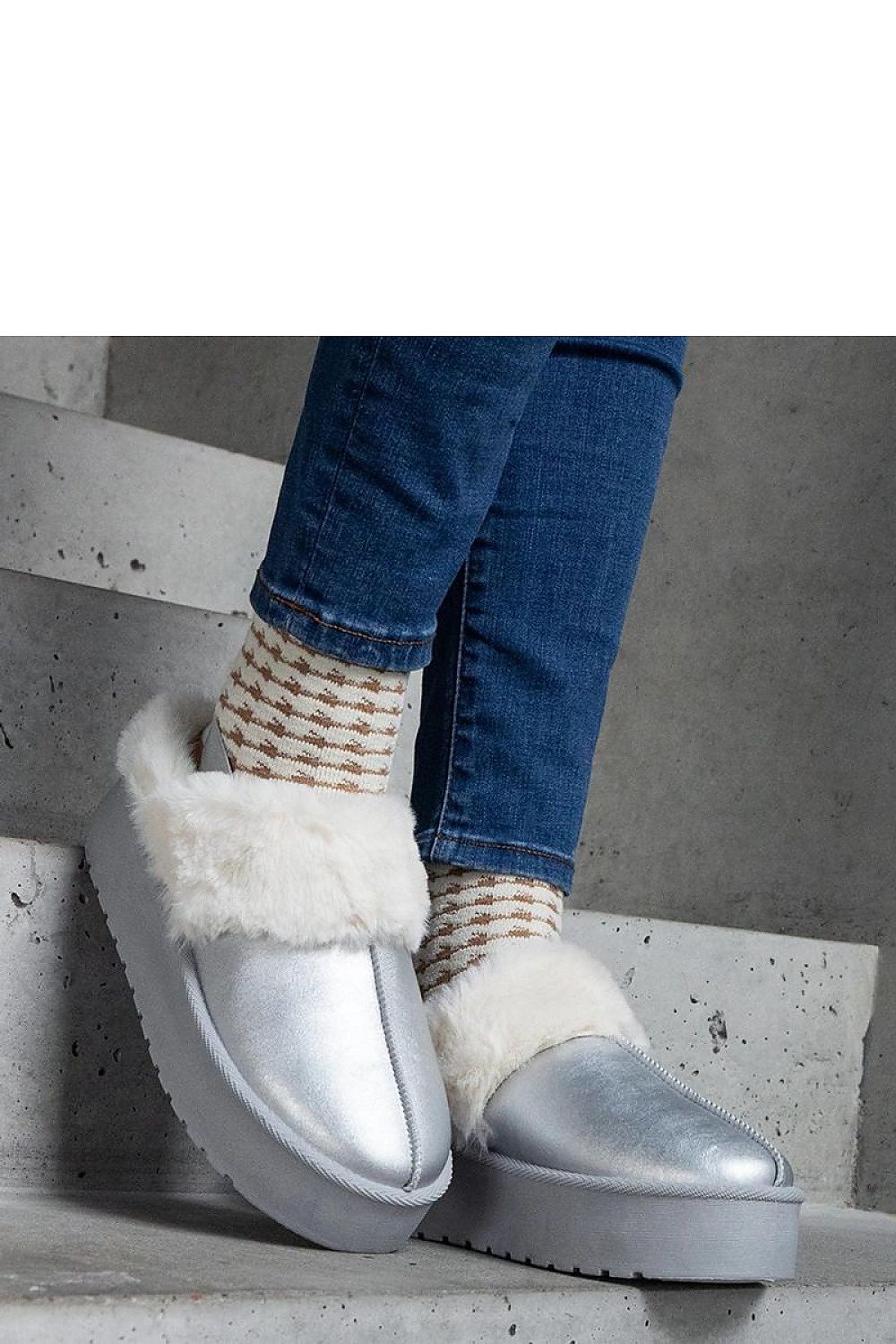 Solea Silver Platform Fur Adorned Slip-On Slippers showcasing a stylish design, ideal for elevating your winter wardrobe.