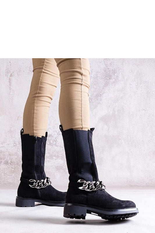 Luxury black eco leather ankle boots for women by Solea, featuring a stylish chain detail and a round toe design, ideal for chic cold-weather outfits.