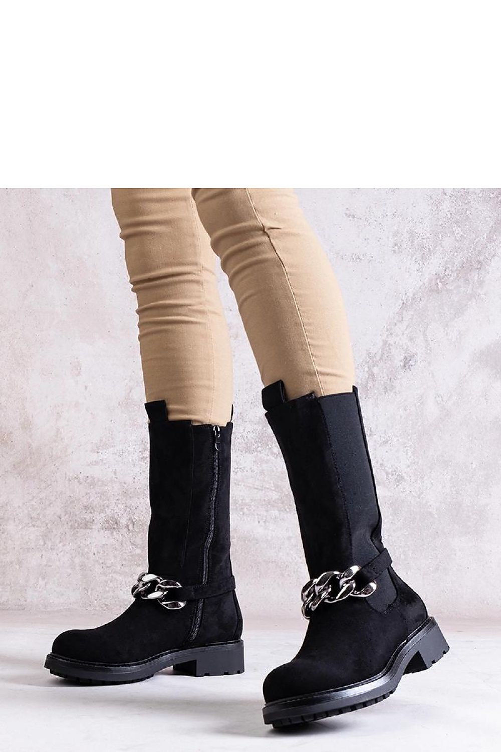 Solea luxury women's ankle boots in black eco leather, combining trendy chain embellishment with a chic round toe, perfect for stylish winter wear.