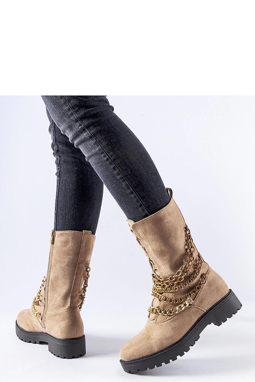 Luxurious beige insulated ankle boots by Solea featuring a decorative chain, perfect for autumn and winter wear. Ideal for keeping feet warm and stylish in colder weather.