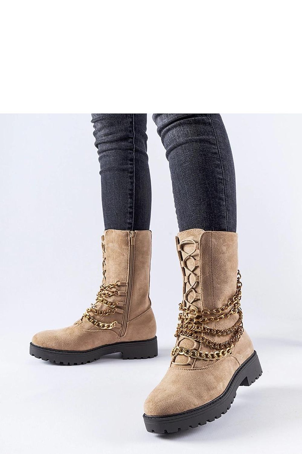 Luxurious beige insulated ankle boots by Solea featuring a stylish decorative chain, ideal for winter wear.