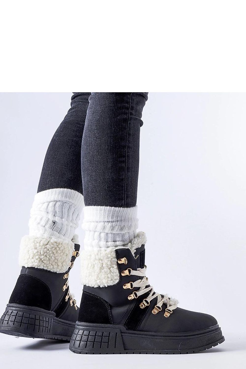 Close-up of Solea Black Work Boots on Rodrigo Platform, highlighting premium eco leather finish, perfect for chic and practical fashion statement.