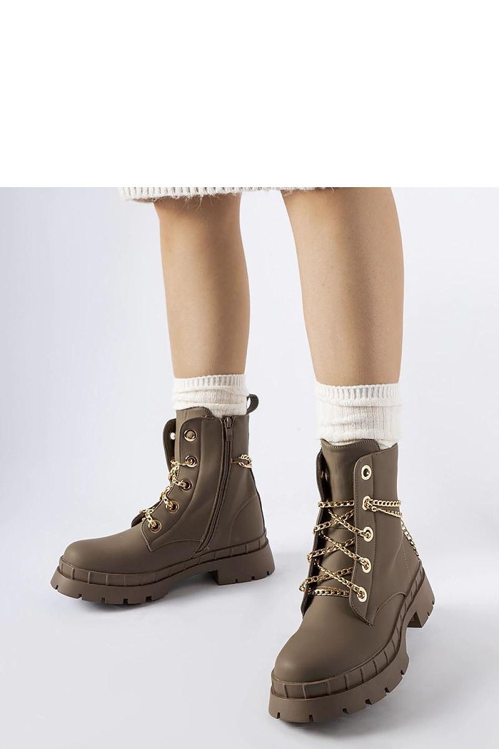 Elegant Brown Eco Leather Ankle Boots by Solea, featuring a stylish chain and 5 cm heel, perfect for autumn and winter fashion.