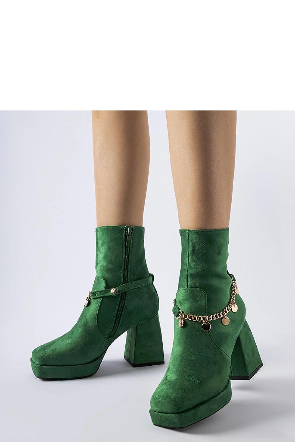 Solea Green Lined Ankle Boots featuring Saviore Pendant, eco-leather material, stylish design with square toe, perfect for autumn-winter fashion.