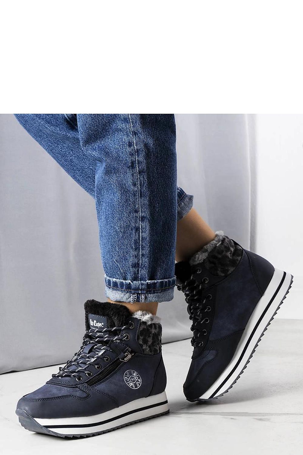 Elegant navy blue high sole boots LCJ-22-31-1450L by Lee Cooper, featuring warm fur lining, perfect for winter elegance, available from Solea.