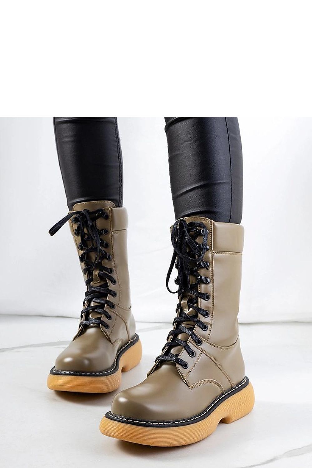 Solea Green Redel combat boots crafted from eco-leather with a matte finish, featuring laces and a stylish thick rubber sole, perfect for streetwear enthusiasts, available in EU sizes 36-41.