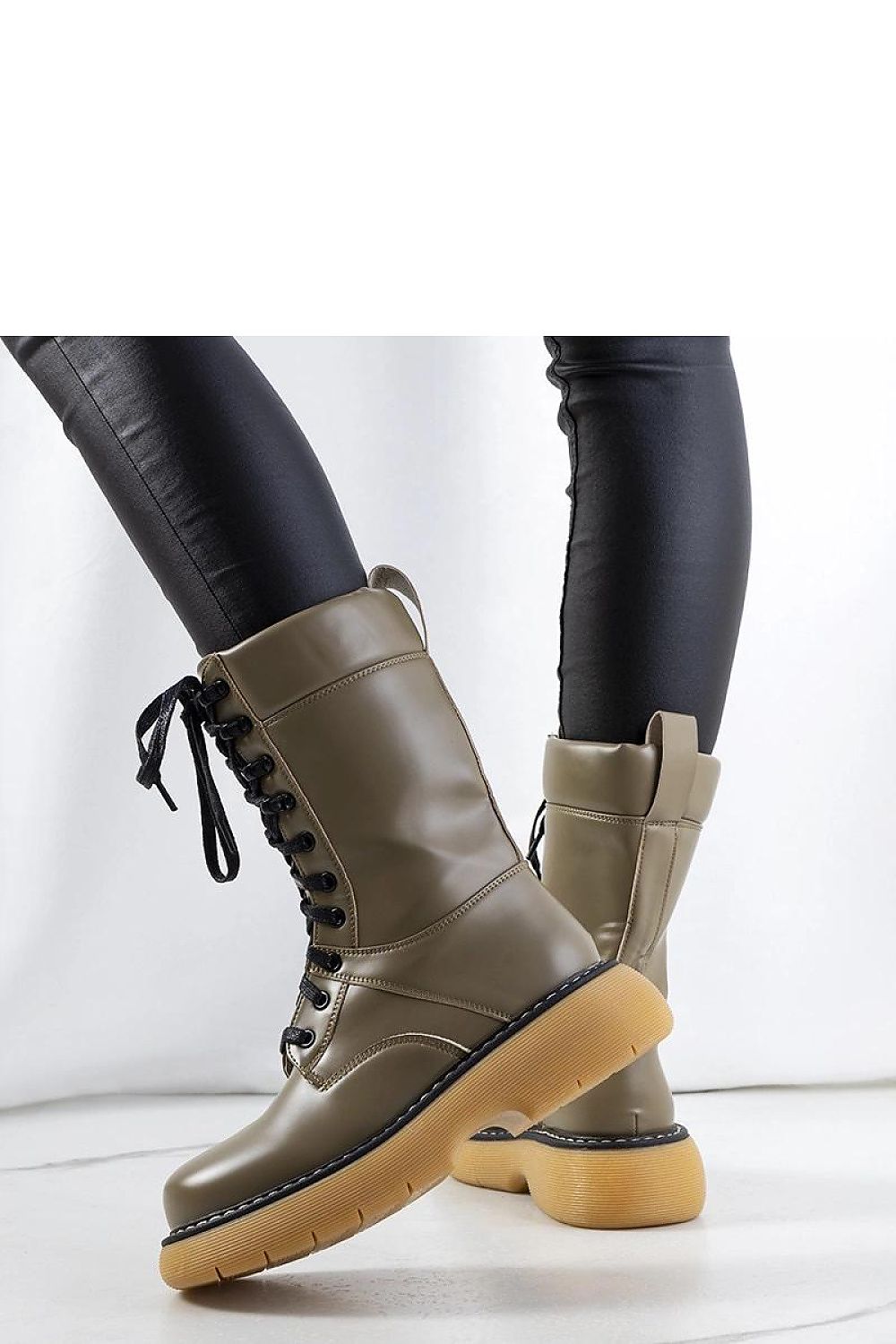 Solea Green Redel Combat Boots made of eco-leather, showcasing a stylish matte finish, perfect for autumn streetwear and rock-style outfits.