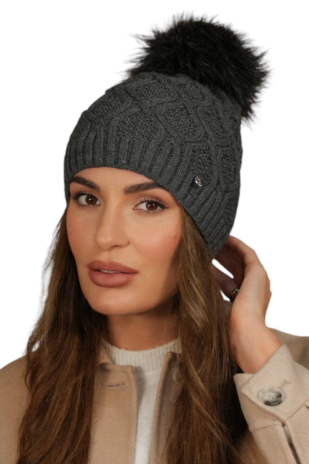 Kamea Lamis Graphite Pom-Pom Hat, luxury fleece lined winter hat for women, stylish and warm winter accessory from Kamea.