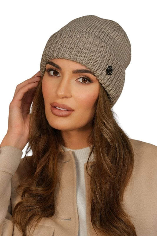 Kamea Raisa Women's Dark Beige Knit Hat showcasing high-quality craftsmanship, ideal for elegance and warmth during autumn and winter.
