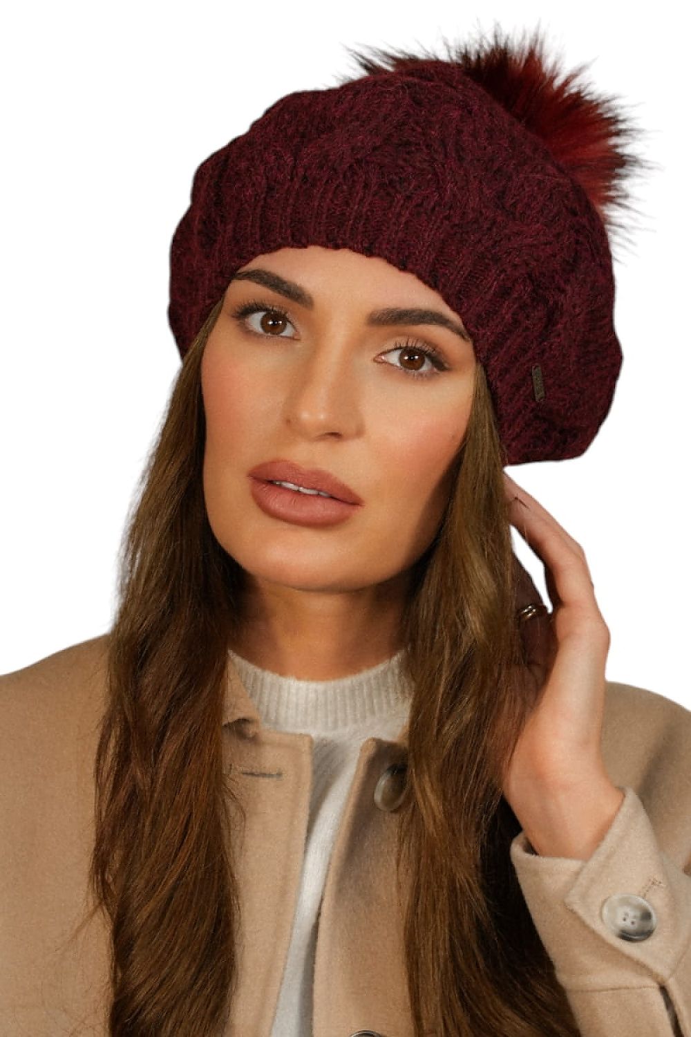 Kamea luxurious women's burgundy knit hat featuring a fluffy pompom, made from an alpaca blend, perfect for autumn-winter fashion.
