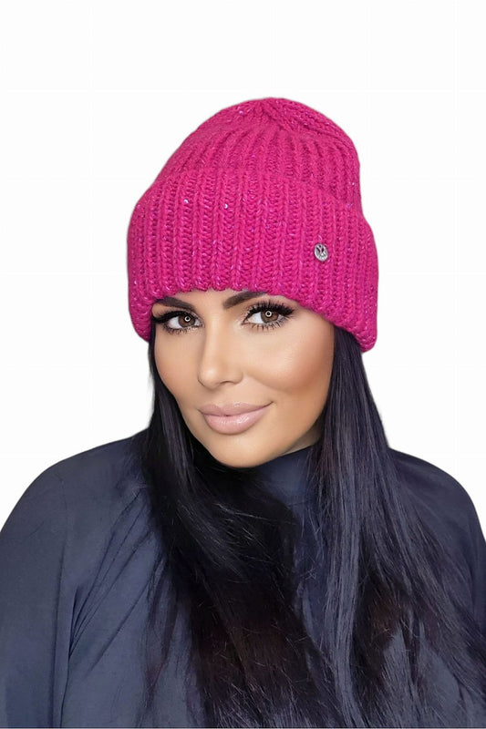 Luxury raspberry mohair women's hat MOHANA by Kamea, featuring thick stitches, elegant shape, and sparkling sequins, perfect for stylish warmth in winter.