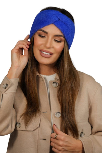 A close-up view of the Kamea Yoshi Winter Fluffy Headband in bottle green, highlighting its premium polyamide fabric and intricate detailing.