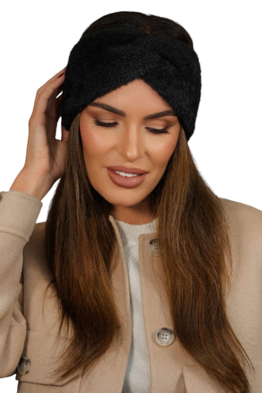 Kamea elegant bottle green winter fluffy headband for women, crafted from 100% polyamide, showcasing a chic loop design for a luxurious look.