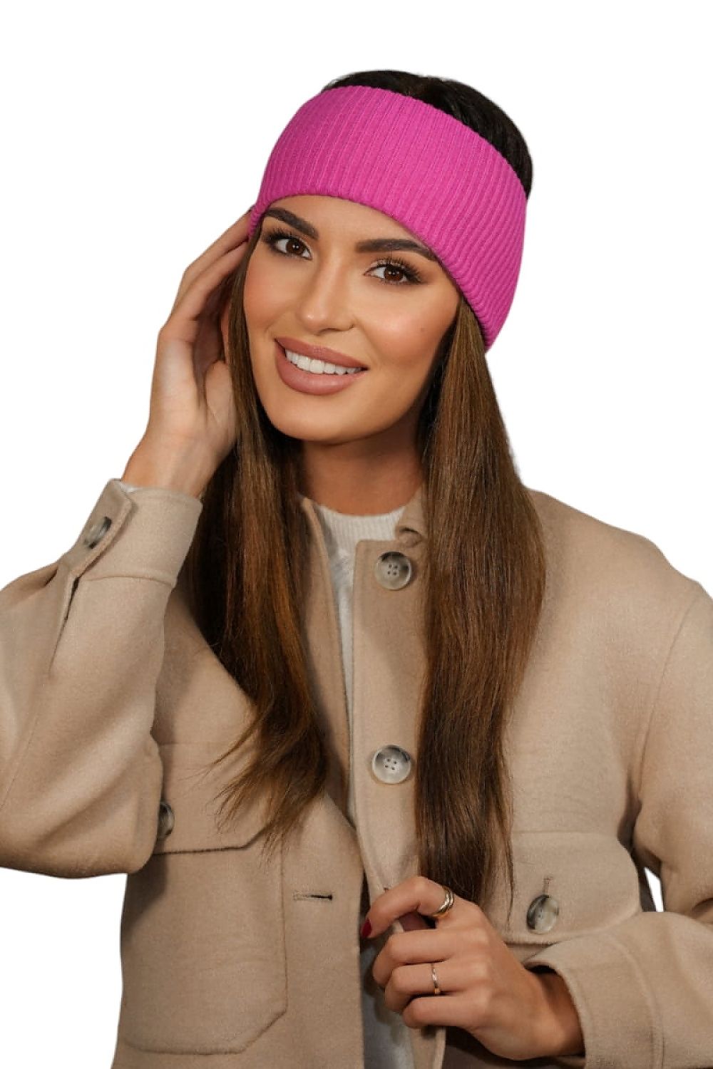 Kamea Women's ribbed headband in raspberry, highlighting its high-quality material composition and sophisticated style.