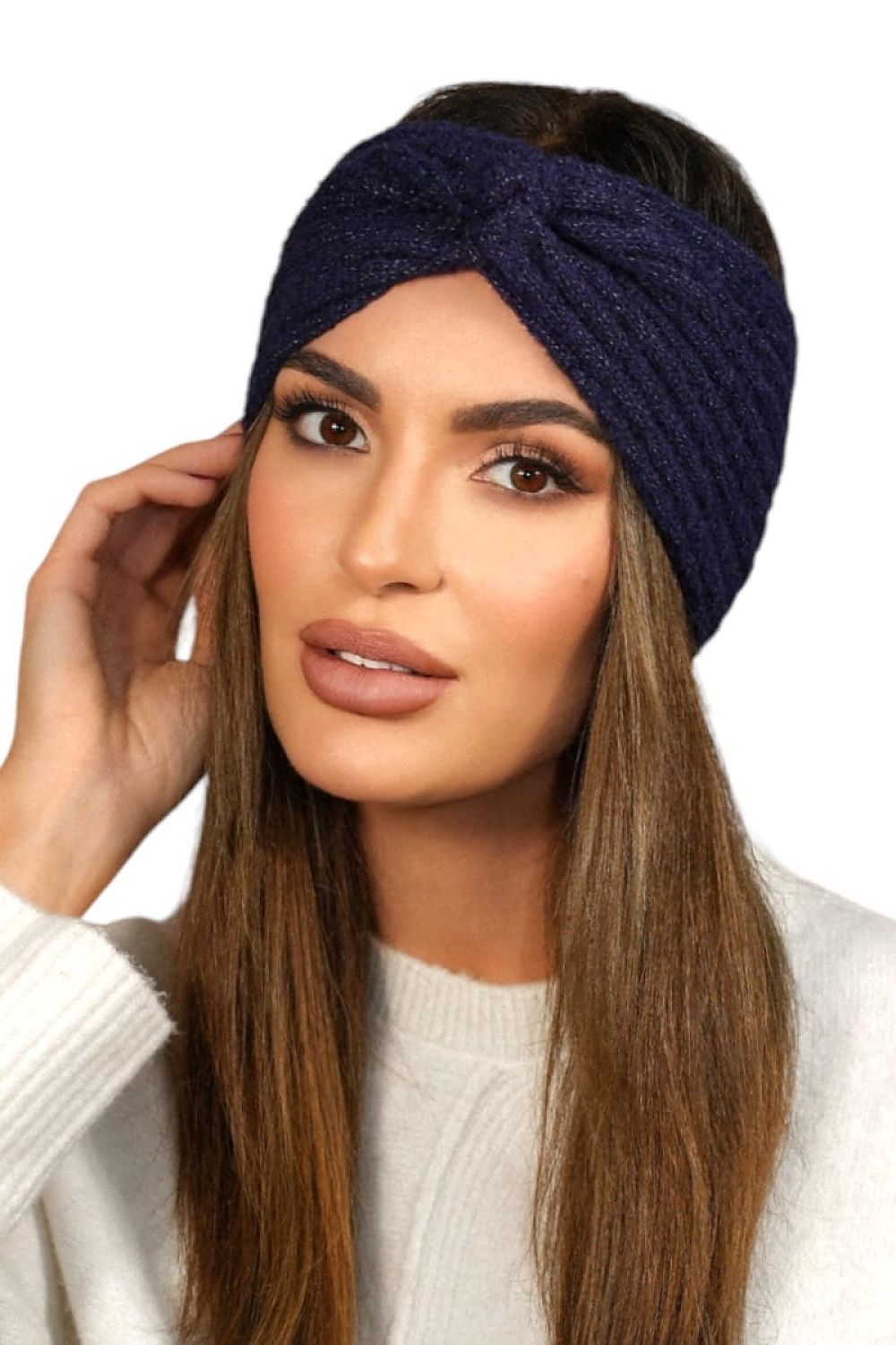 Luxurious navy blue women's headband by Kamea featuring a stylish swirl, perfect for autumn elegance.