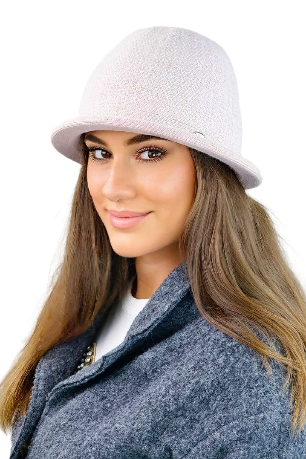 Kamea Zelda Checkered Winter Hat in luxurious pink wool blend, showcasing elegant checkered pattern and adorned with a delicate logo plate, perfect for winter styling.