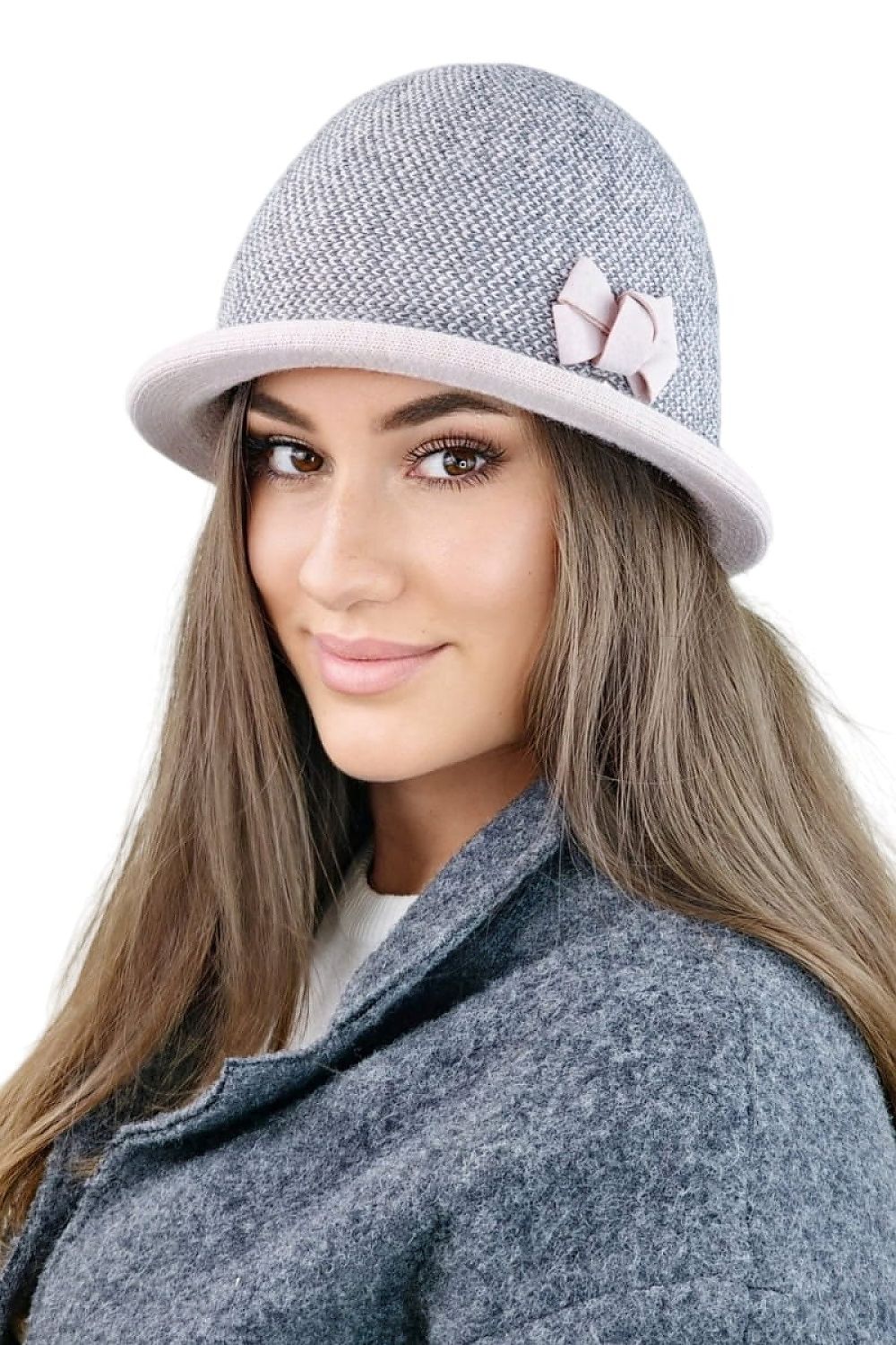 Elegant Women's Winter Hat Kamea in Pink Pepita with Bow and Logo, crafted from luxurious materials for ultimate warmth and style in sizes EU 56-58, US 7-7.25.
