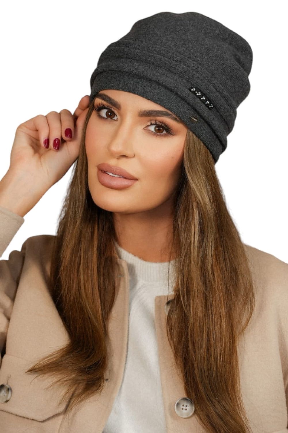 Kamea Women's Elegant Graphite Pearl Wool Hat showcasing exquisite pearl detailing, crafted from premium 80% wool and 20% polyamide for superior warmth and style, perfect for winter elegance.