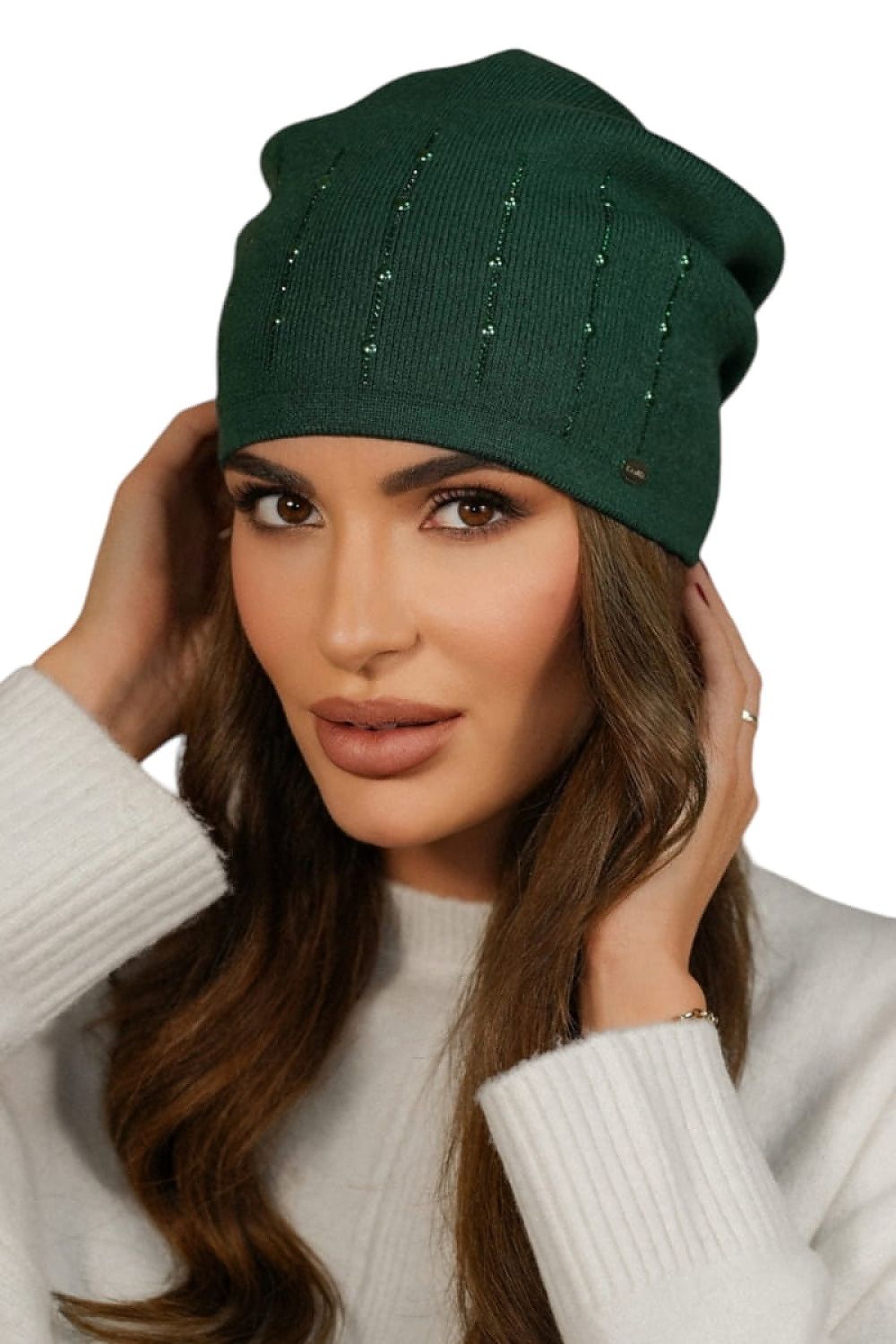 Elegant green women's hat from Kamea, featuring luxurious zircon and pearl embellishments, perfect for cooler weather and stylish outfits.