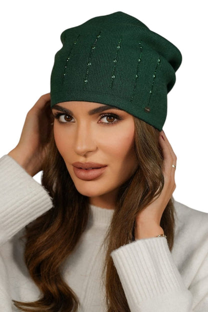 Elegant green women's hat from Kamea, featuring luxurious zircon and pearl embellishments, perfect for cooler weather and stylish outfits.