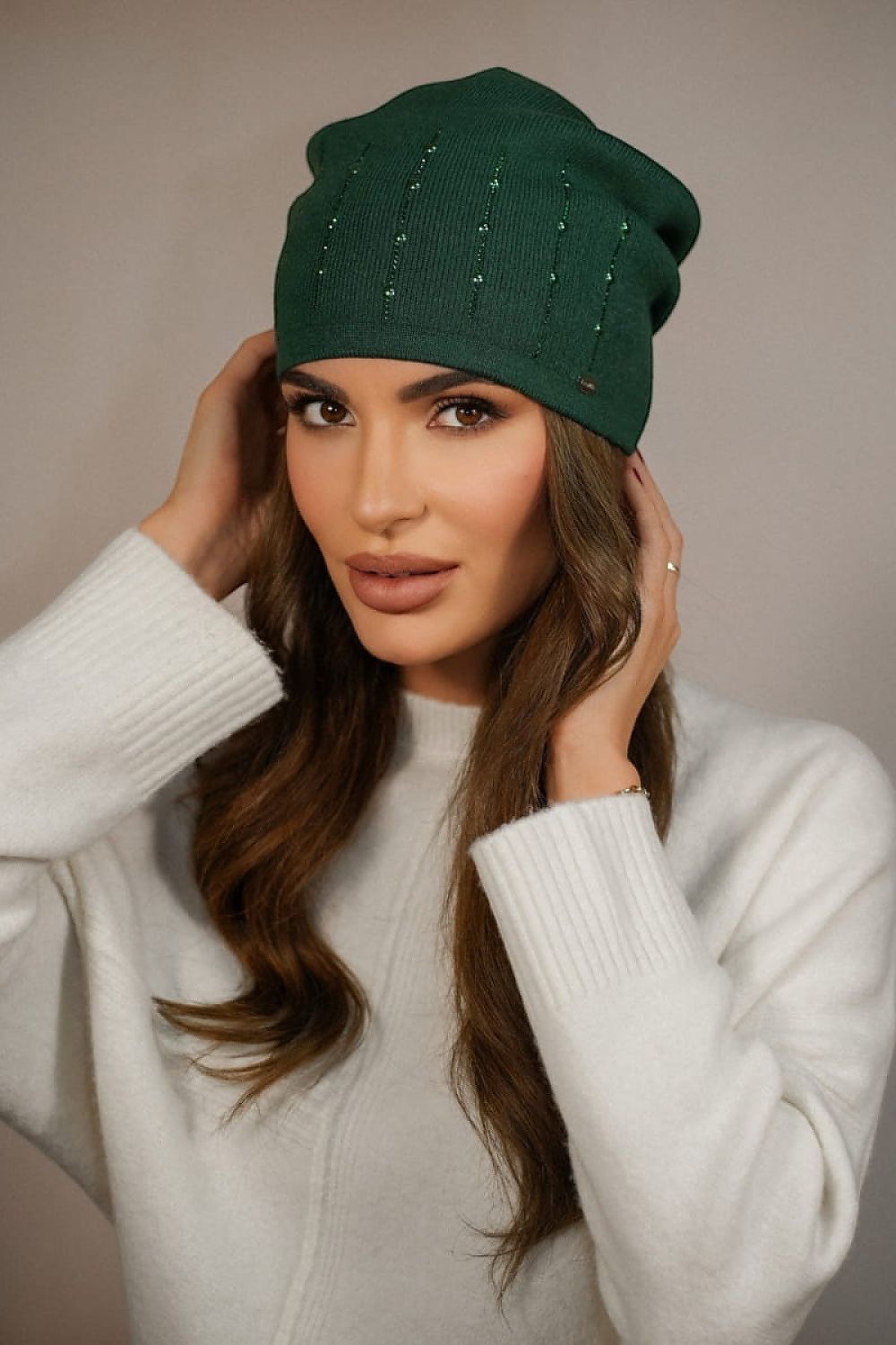 Close-up view of the Kamea Altair Women's Hat with detailed pearl and zircon decorations, showcasing its elegant craftsmanship and stylish design.