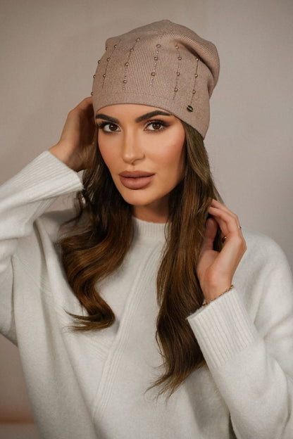 Elegant Altair Women's Hat by Kamea adorned with zircon and pearl embellishments, showcased in lush green, perfect for autumn and spring.